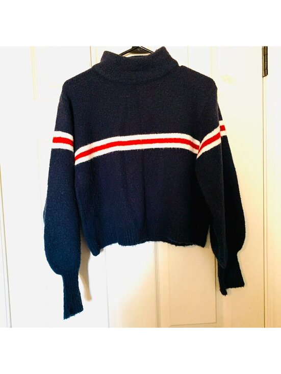 Sweaters - Mango W2K  Basics Navy Blue Turtleneck Sweater Red and White Stripes, Size XS